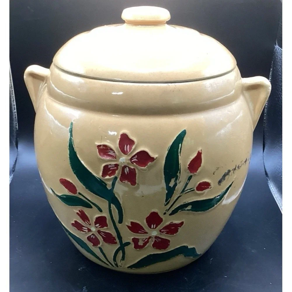 VTG Early Hand Painted Stoneware Bean Pot Cookie Jar Crock As Is Flowers‎
